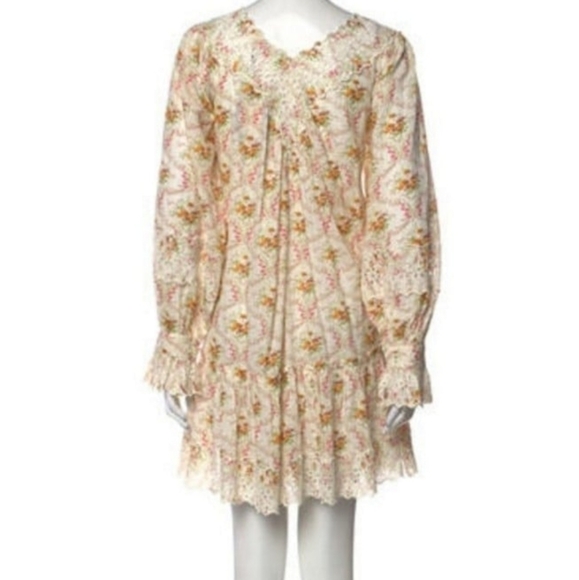 Ivory Floral Cotton V Neck Eyelet Trim Mini Dress in Wallpaper - Picture 5 of 12